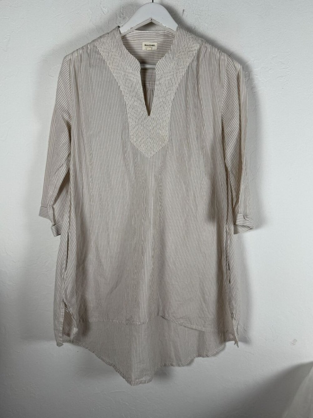World Market Womens Tan & White Woven Striped Nora Tunic Top with Pockets S/M